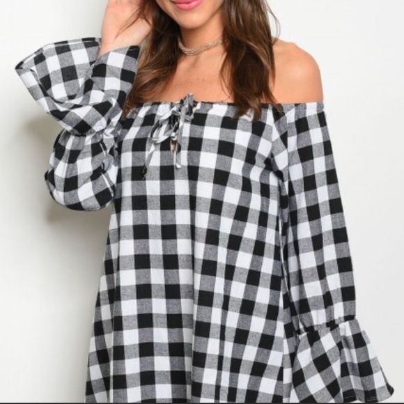 ✨Black and White Gingham Checked Off the Shoulder Slip-Shift Dress✨Tunic✨New‎ - Picture 5 of 8